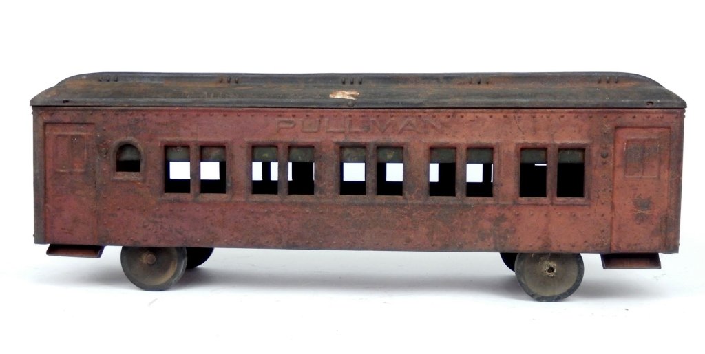 Cor-Cor Toys Pullman pressed steel ride on car: Cor-Cor Toys Pullman pressed steel ride on car, painted red and black, 8 1/2" x 26 1/2", Collection of John Dieterly