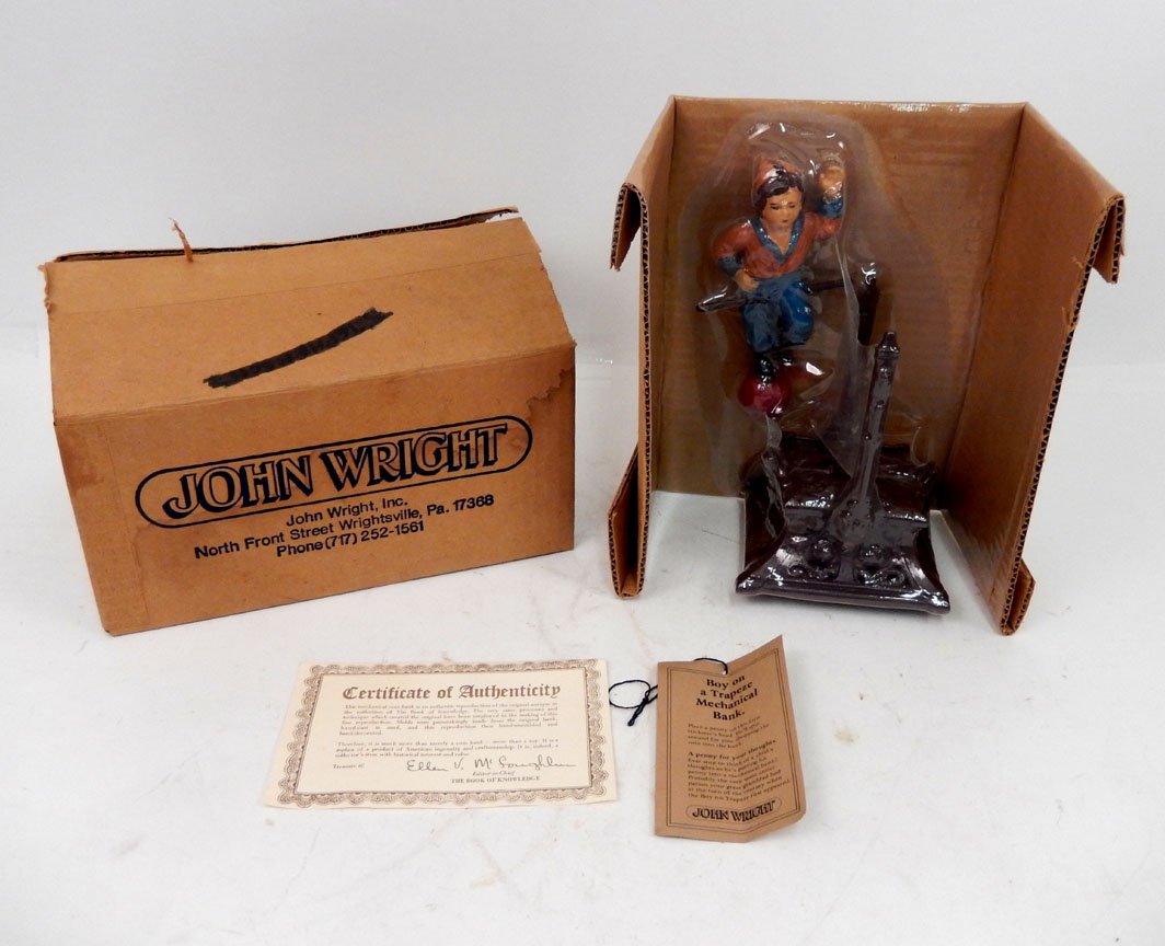 John Wright Boy & Trapeze mechanical bank,: John Wright Boy & Trapeze mechanical bank, new in box with certificate, Book of Knowledge, No. 22-040, box measures 6" x 11 3/8" x 8 5/8"