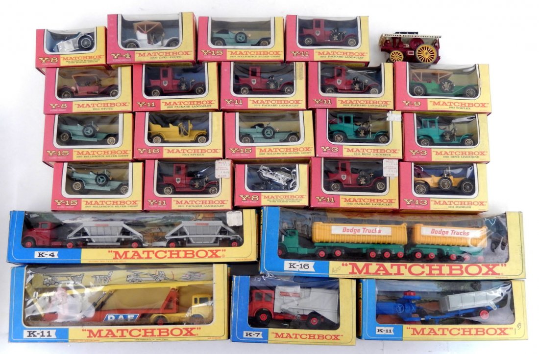 Collection of "Matchbox" Lesney Models of Yesteryear: Collection of "Matchbox" Lesney Models of Yesteryear cars, twenty-five total, includes two Y-3, Y-4, three Y-8, Y-9, six Y-11, Y-13, four Y-15, Y-16, Y-9a not in original box, and five King Size vehic