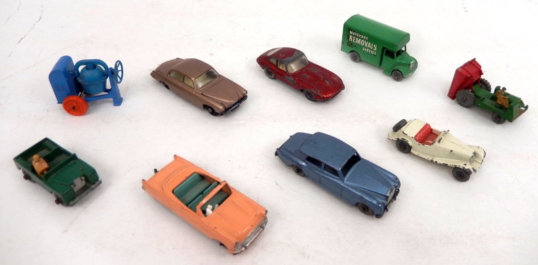 Nine vintage "Matchbox" by Lesney cars, includes No. 39: Nine vintage "Matchbox" by Lesney cars, includes No. 39 Ford Zodiac Convertible, No. 28 Jaguar MK 10, No. 44 Rolls-Royce Silver Cloud, Removals Service van, Land rover, Dumper, No. 32 E Type Jaguar, C