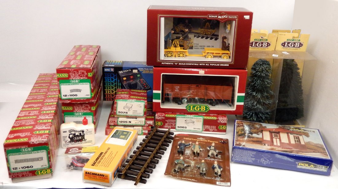 Large grouping of LGB track and accessories, includes: Large grouping of LGB track and accessories, includes two boxes of LGB 12 x 1100 curved track, one box of LGB 12 x 1060 straight track, track connection cable, 1215 N track, 1205 N track, 5065 Schrank