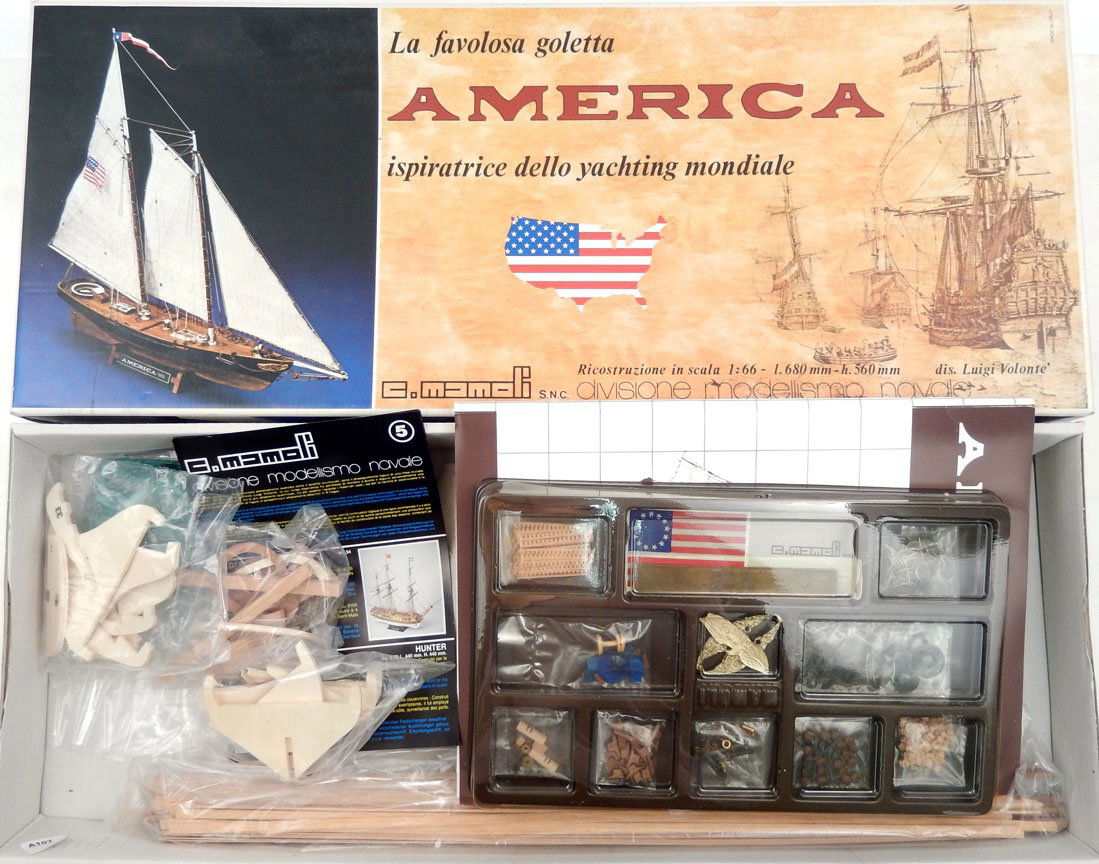 C. Mamoli America ship model new in box, wooden ship,: C. Mamoli America ship model new in box, wooden ship, looks complete with instructions, made in Italy, box measures 10 1/8" x 25 1/4" x 2 3/4"