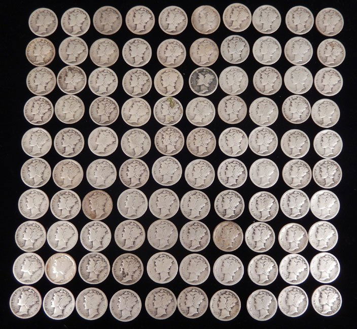 100 Mercury dimes, various dates (1 of 6)