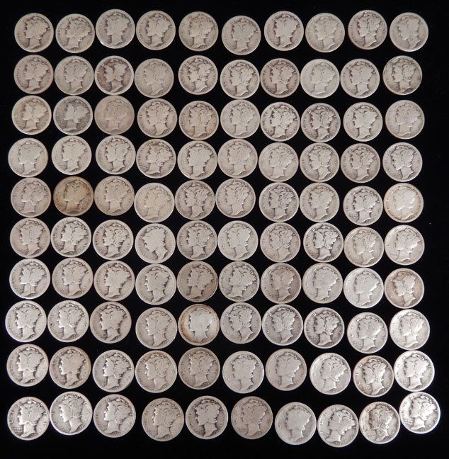 100 Mercury dimes, various dates (1 of 6)