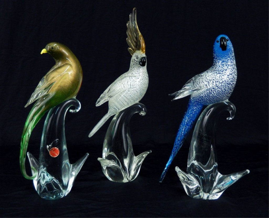Three Murano art glass birds