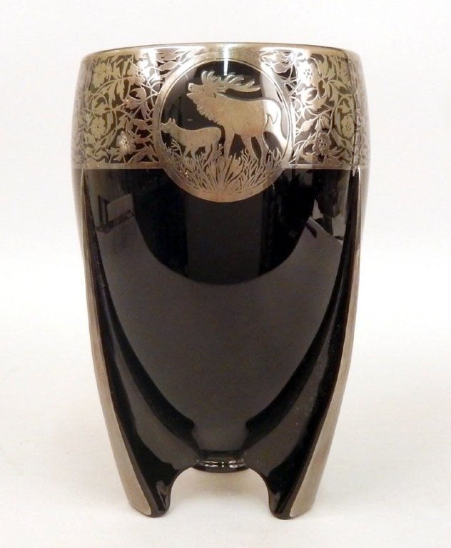 Art Deco black amethyst silver overlay footed vase (1 of 3)