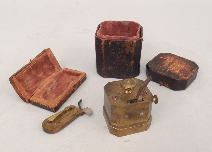 Two blood letters in original cases,: Two blood letters in original cases, cases measure 2 7/8" x 2 1/4" x 2 1/8" and 2 3/4" x 1 1/2" x 3/4"