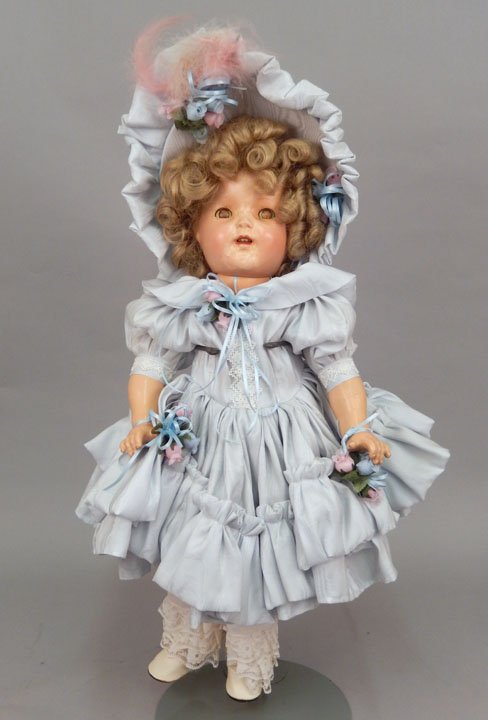 Large Shirley Temple Ideal composition doll: Large Shirley Temple Ideal composition doll, brown sleep flirty eyes, applied upper lashes, painted upper and lower lashes, eyebrows, open mouth with upper teeth, marked on back Ideal, 22" tall Please