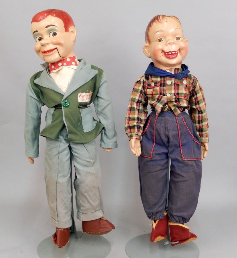 Ventriloquist doll Jerry Mahoney and composition Howdy: Ventriloquist doll Jerry Mahoney and composition Howdy Doody, Howdy Doody composition head and hands, cloth body, with brown sleep eyes, 23" tall, and Paul Winchell's Jerry Mahoney ventriloquist doll,
