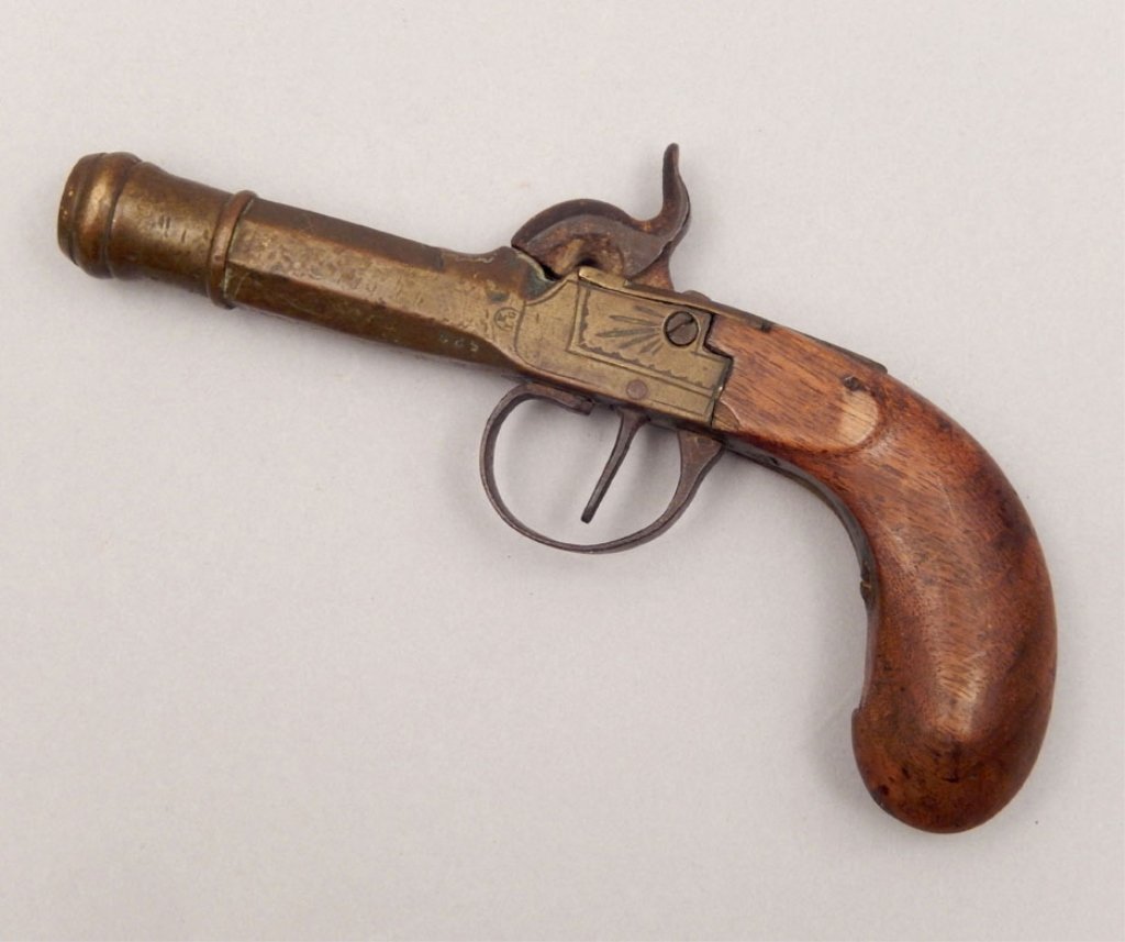 ELG French boot pistol: ELG French boot pistol, cap & ball black powder, approx 10MM bore, barrel length 2 1/2", overall length 6 3/4", brass cannon style barrel, C&R N/A, Instacheck NO