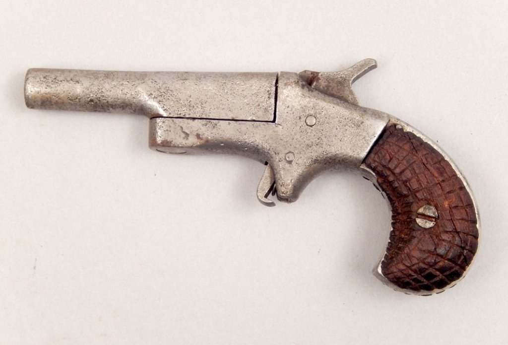 Iver Johnson Eclipse Derringer black powder .32 cal: Iver Johnson Eclipse Derringer black powder possible .32 cal pistol, single action, open hammer, swing out barrel, barrel length 2 1/2", overall length 4 1/2", C&R N/A, Instacheck NO