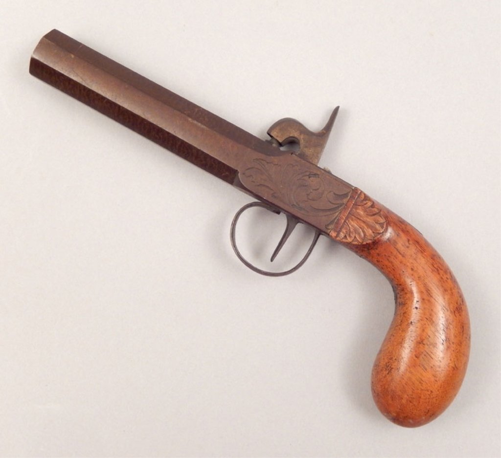 France or Belgium cap and ball black powder 9/16" bore: France or Belgium cap & ball black powder approx 9/16" bore pistol, open hammer, barrel length 3 3/4", overall length 8", octagon barrel, C&R N/A, Instacheck NO