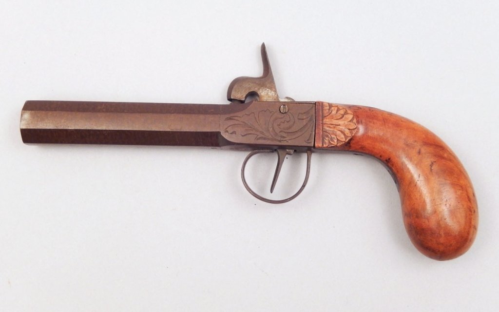 France or Belgium cap and ball black powder 9/16" bore: France or Belgium cap & ball black powder approx 9/16" bore pistol, open hammer, barrel length 3 3/4", overall length 8", octagon barrel, C&R N/A, Instacheck NO
