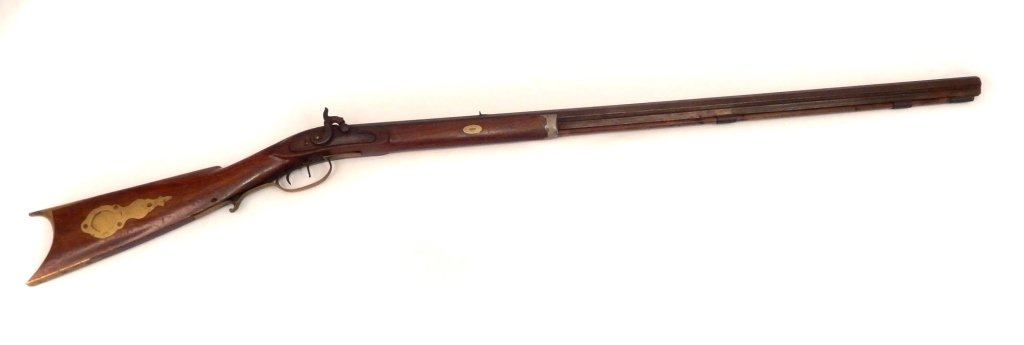 W.E. Robbins cap and ball black powder .45 cal rifle: W.E. Robbins cap & ball black powder .45 cal rifle, open hammer, barrel length 35", overall length 51", C. Baker stamped on side plate, open rear sights, missing front sight, butt plate and patch box 