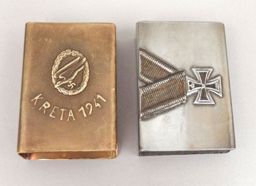 Two German Nazi matchbox covers: Two German Nazi matchbox covers, one marked Kreta 1941, Kreta campaign, and other with an iron cross on a ribbon on front, both with makers mark on back unreadable