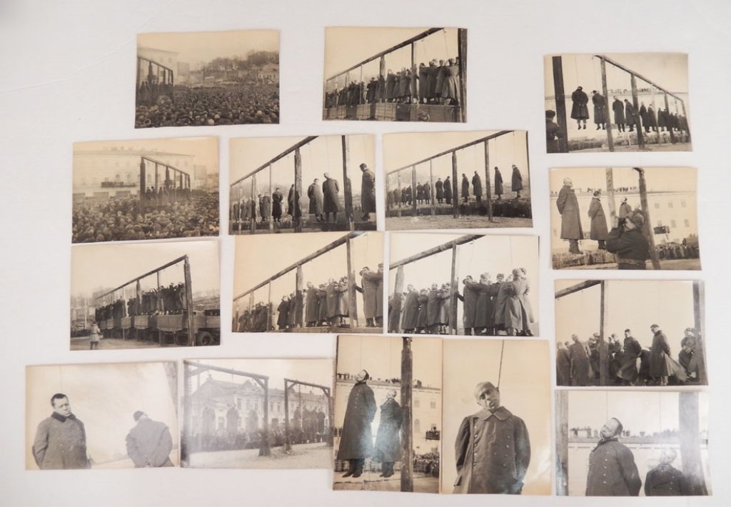 16 photos of the public execution of Nazi war criminals: 16 photographs of the public execution of Nazi war criminals, the event took place in Kiev, Ukraine in 1946, from the Ukrainian MVD archives, each photo stamped and written on back