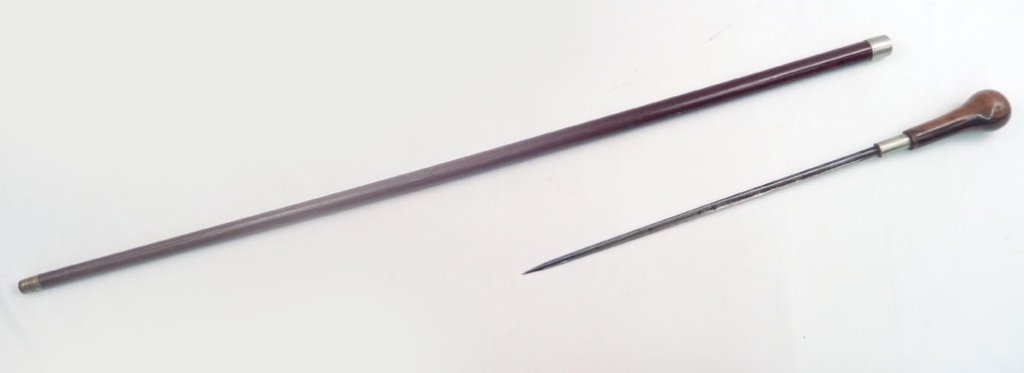 Antique sword cane with wooden sheath: Antique sword cane with wooden sheath, triangular shaped blade made from an old bayonet, blade length 13 3/4", overall length 37"