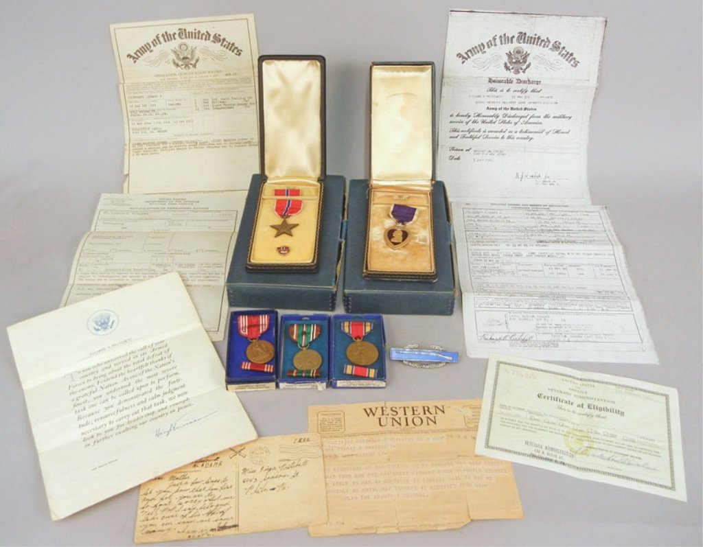 Five WWII medals issued to Pvt. Richard Prichett,: Five WWII medals issued to Pvt. Richard Prichett, with documents, including the Bronze Star Medal, Purple Heart, Good Conduct, Medal for European African Middle Eastern Campaign, and a WWII Victory Me