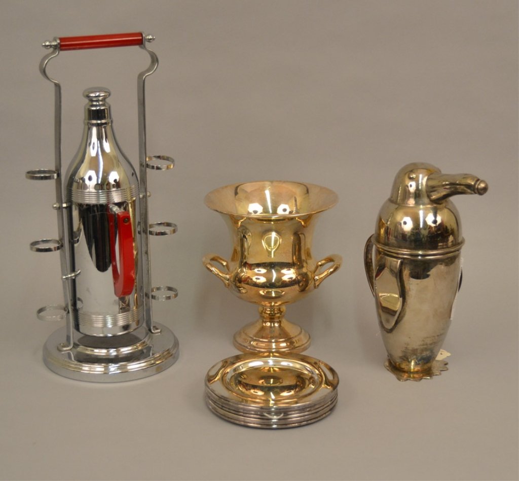 Silver plated cocktail shaker, libation server, plates, (1 of 4)