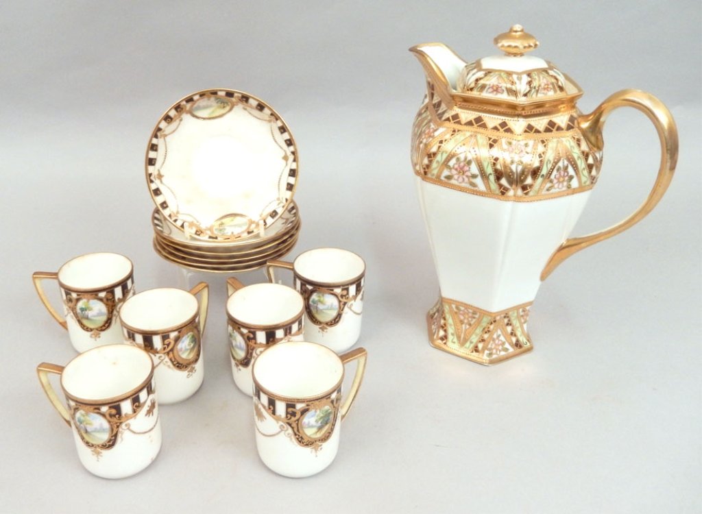 Hand painted Nippon chocolate pot and six demitasse (1 of 6)