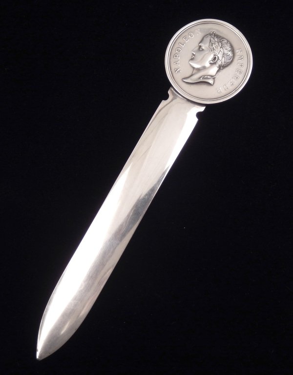 Christofle Napoleon III letter opener: Christofle Napoleon III letter opener, image of Napoleon III Emperor on front, wreath and imperial bee on reverse, hallmarks on back "Christofle, France", Coll- Gallia, and date mark for 1935-1983, 8