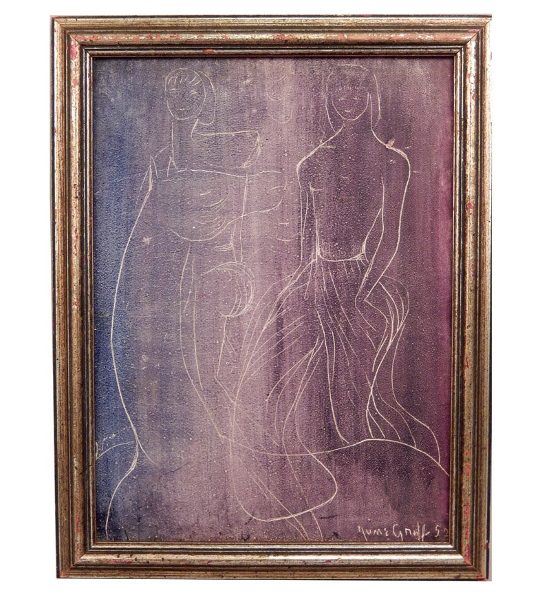 June Groff Scraffito oil on board, Two Women and Horse,: June Groff Scraffito oil on board, Two Women and Horse, signed lower right and dated '52, sight size 11 1/2" x 8 1/4", frame size 13 1/2" x 10 1/2", Sally Goodman Antiques Label, and artists bio on ve