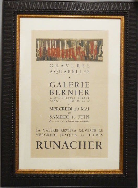 Runacher lithograph on paper, Galerie Bernier poster,: Runacher lithograph on paper, Galerie Bernier poster, Paris, museum framing and matting, ca. 1950's, sight size 20" x 12", frame size 29 1/2" x 21 1/2", Sally Goodman Antiques label on verso