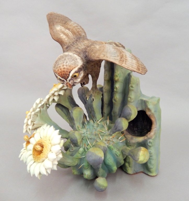 Royal Worcester Moonlight Elf Owl & Giant Saguaro: Royal Worcester Moonlight Elf Owl & Giant Saguaro porcelain figurine, by Dorothy Doughty, marked and signed on back, 11 1/4" high x 8 1/4"