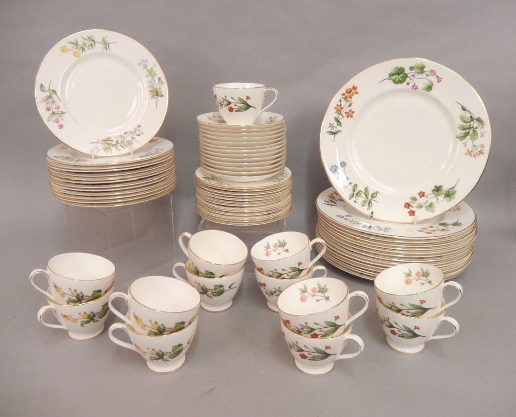 Minton Meadow dinnerware set: Minton Meadow 67 piece dinnerware set, includes fifteen dinner plates, 10 5/8", thirteen salad plates, 8", thirteen bread and butter plates, 6 1/2", thirteen saucers, 5 3/4", thirteen teacups, 2 3/4",