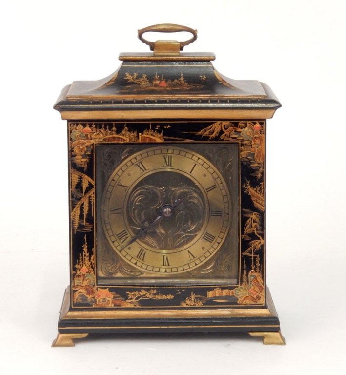 French table clock in Chinoiserie case: French table clock in Chinoiserie case, brass dial and works, impressed French, late 19th/early 20th C., 9" high