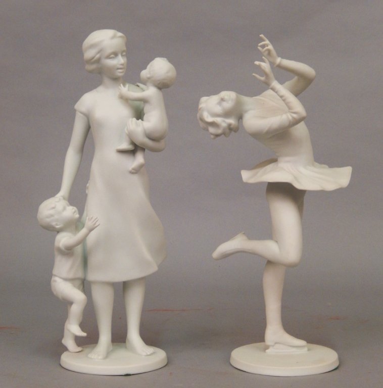 Two Kaiser bisque sculptures: Two Kaiser bisque sculptures, includes Mother and Children sculpture, No. 438, marked on bottom and impressed number, 10" high, and Skater figure, marked on bottom and impressed number 429, 10" high