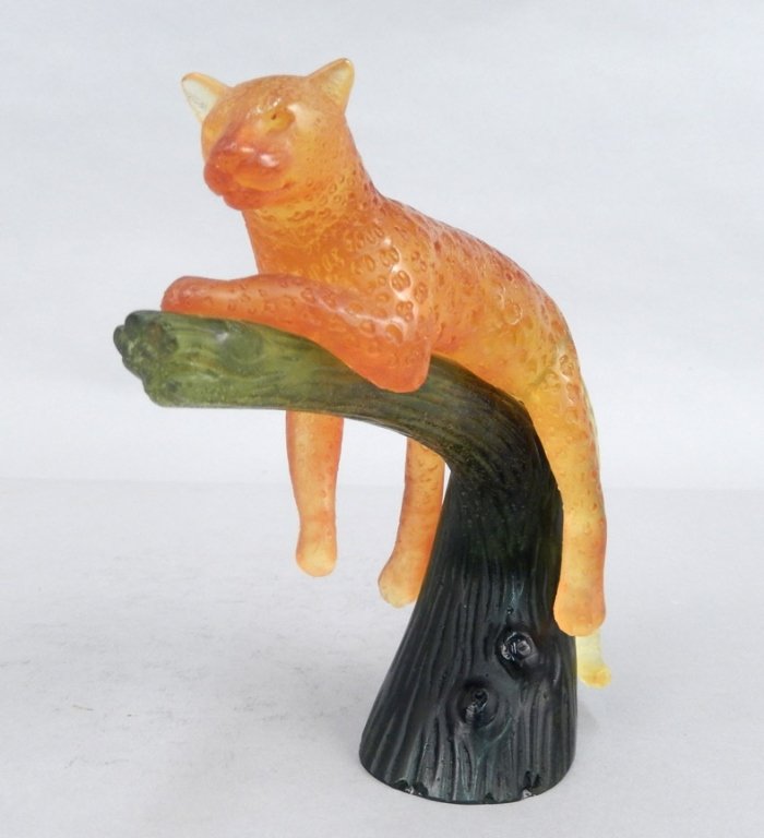 Daum pate de verre Panther in Tree: Daum pate de verre Panther in Tree, amber panther on green tree branch, script signature on bottom "Daum France", 6" high x 6 1/4" across