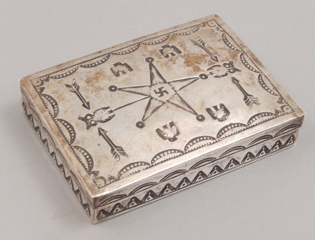 Silver Navajo engraved box: Silver Navajo engraved box, carved decoration on top and sides, unmarked, tests for low-grade silver, 3 7/8" x 2 7/8"