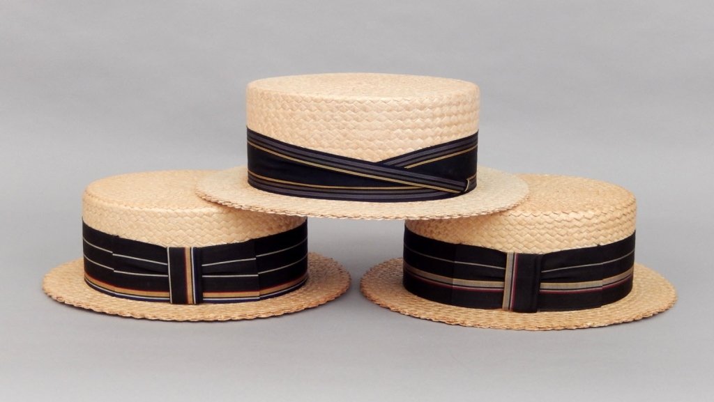 Three straw boater hats: Three straw boater hats, one stamped "Yale Class of 1941", written in pen Brenda inside hat, other two stamped "Best Quality New Style", written in pen Daha and Maxine inside hats, head sizes 6 3/4" a