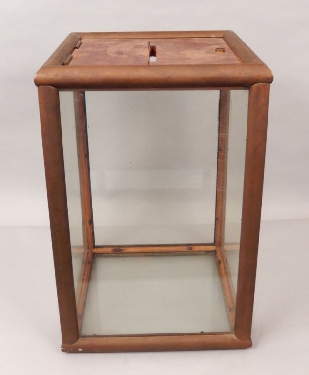 Brass trimmed glass ballot box: Brass trimmed and glass ballot box, four glass sides, lock marked "Eagle Lock Co., Terryville, Conn. USA, 6U12", missing key, 17 1/2" x 11 1/2" x 11 1/2"