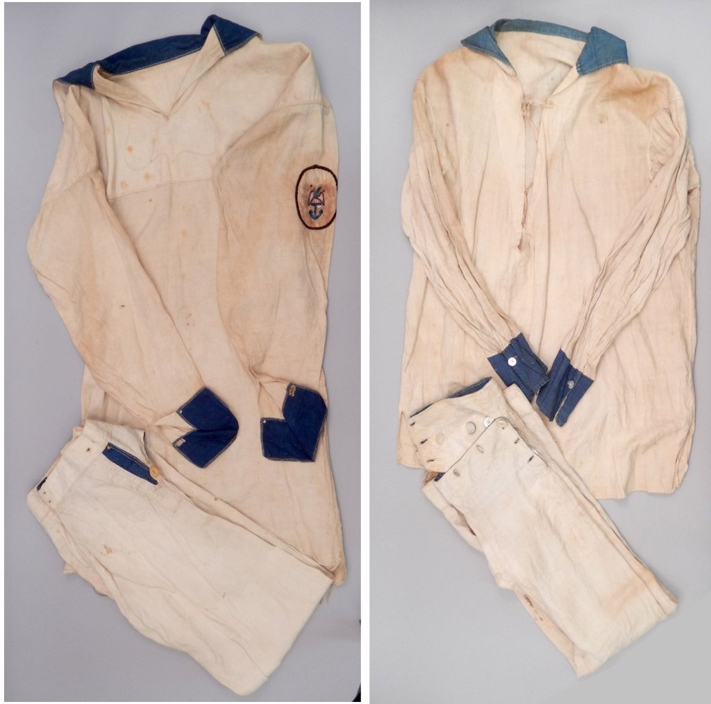 Two post-Civil War line petty officer Navy jumpers: Two post-Civil War Navy jumpers, sailor-made dress white jumpers, ca. 1869-1877, one with line petty officer patch on sleeve, stamped A. Munroe, two frocks and two trousers, one trouser stamped Joseph