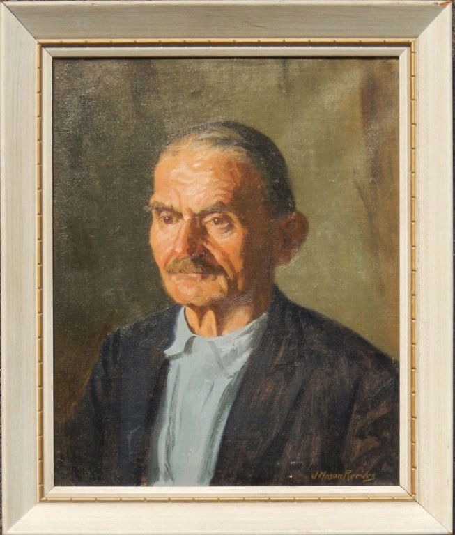 J. (Joseph) Mason Reeves oil on canvas: J. (Joseph) Mason Reeves oil on canvas, portrait of a man in a blue shirt, signed lower right, sight size 20" x 16", frame size 24" x 19 3/4"