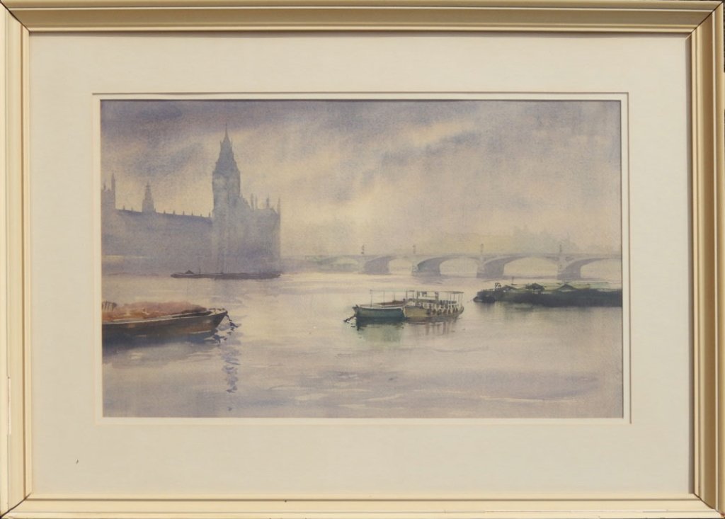 Ashton watercolor on paper: Ashton watercolor on paper, , frame size 21 3/4" x 28 3/4"misty river scene, London and the Thames, signed lower right, sight size 13 1/4" x 20 3/4"