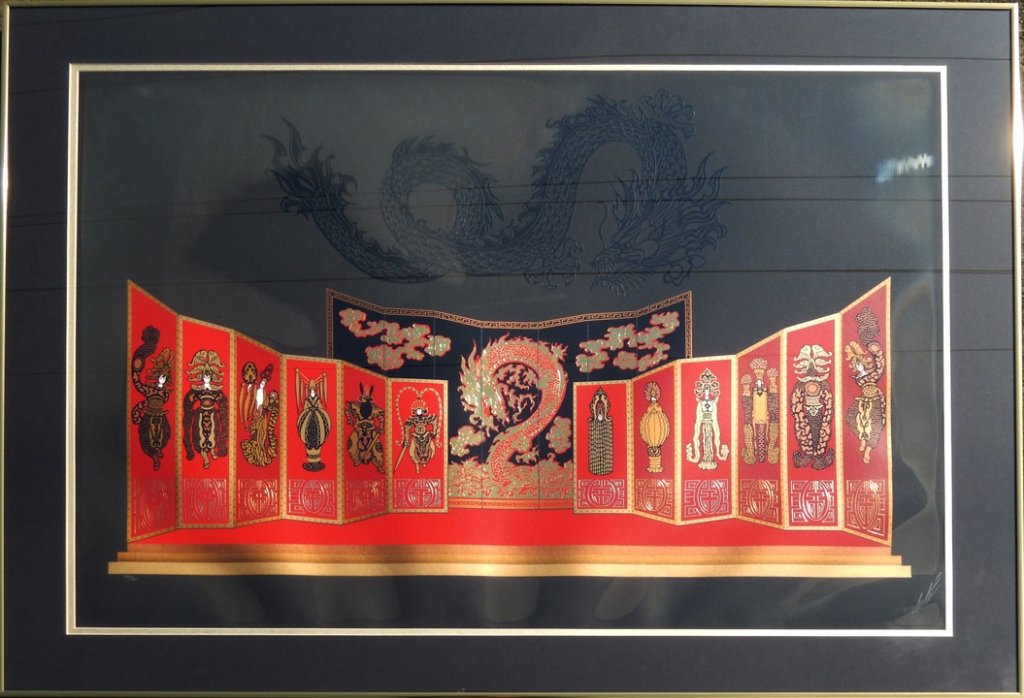 (Romaine) Erte embossed serigraph: (Romaine) Erte embossed serigraph with foil stamping on paper "Mah Jongg" edition 220/300, signed in pencil lower right, ca.1985, sight size 27 1/2" x 37", frame size 34" x 44"