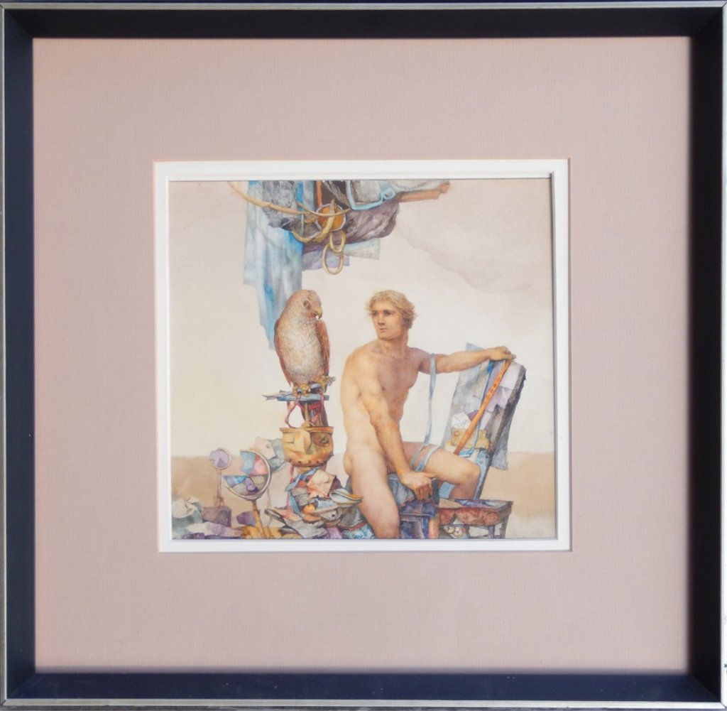 John Lear watercolor on paper: John Lear watercolor on paper "Parrot Talk", sight size 8" x 8", frame size 15" x 15", artist's name and painting title, and attached biography of artist attached on verso