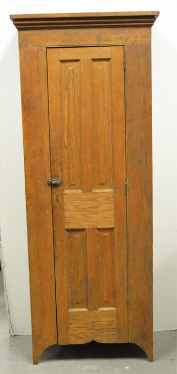 Oak jelly cupboard: Oak jelly cupboard, one paneled door, iron lock and works with key, 77 1/2" high x 31" x 14 1/4"