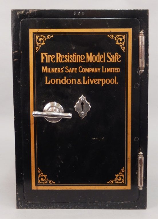 Milner's Safe Company small floor safe: Milner's Safe Company Limited small floor safe, stenciled "Fire Resisting Model Safe, London & Liverpool", impressed 536, handle on top, 14 1/2" x 9 5/8" x 10 1/4"