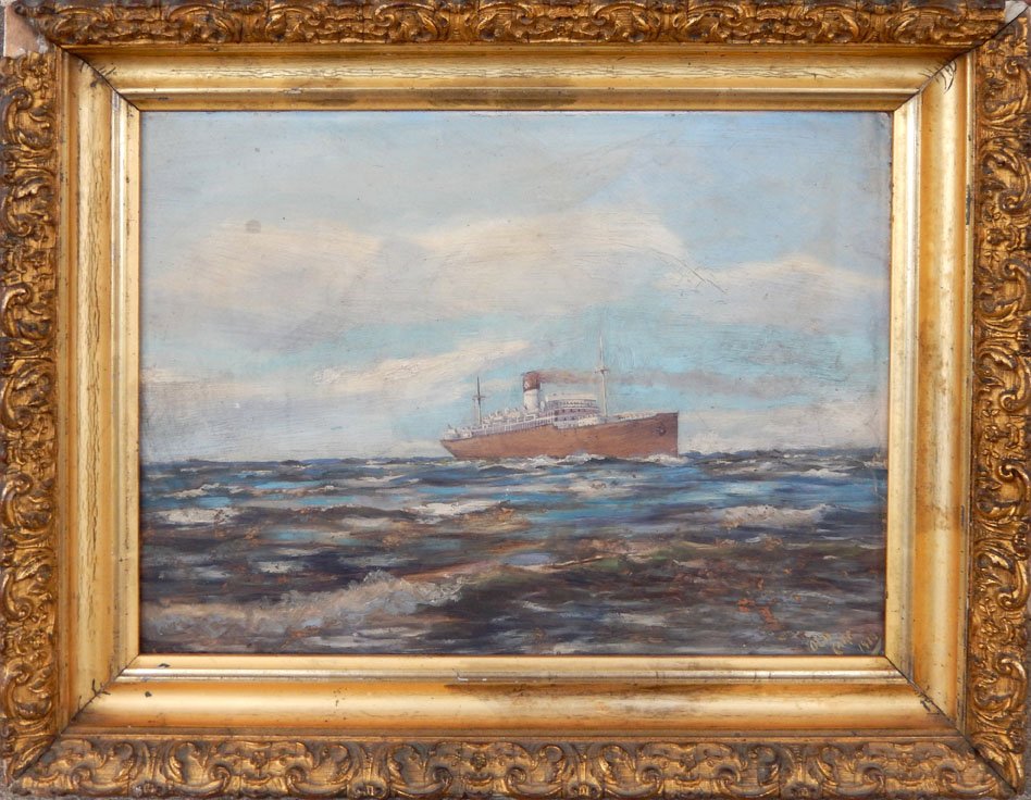 American School oil on board, Ocean liner on the high: American School oil on board, Ocean liner on the high seas, titled Old Carr and dated 1910 lower right, sight size 9 3/4" x 12 1/2", frame size 13" x 15 1/2"