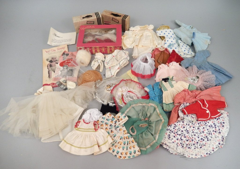 Grouping of vintage doll clothes for 8-10" dolls: Grouping of vintage doll clothes for 8-10" dolls, includes some tagged Ginny, Ginger, Alexanderkin, and others