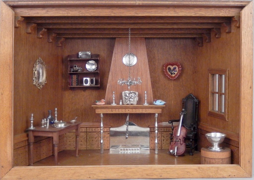 Diorama of a room interior, silver fixtures: Diorama of a room interior, silver fixtures, sterling marks on fireplace and legs of mantle, 11 1/4" x 15 1/2" x 7 3/4"