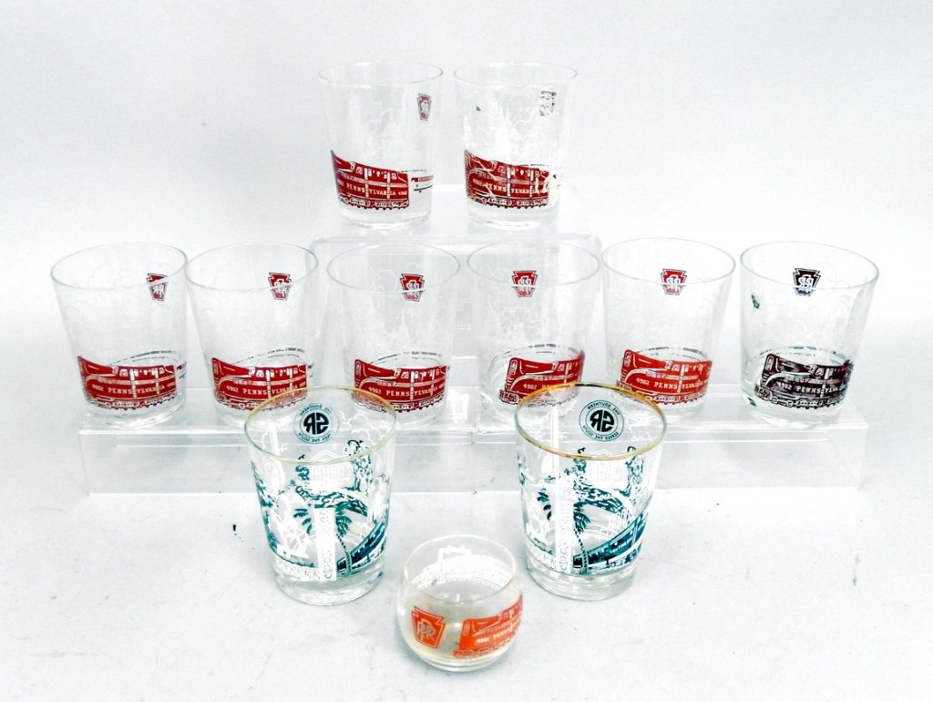 Set of Pennsylvania Railroad tumblers: Set of vintage Pennsylvania Railroad glass tumblers, includes eight Pennsylvania Railroad 4902 glasses, 4 1/2" high, one 5 oz. Pennsylvania Railroad 4902 glass tumbler, 2 3/8" high, and two Southern 4
