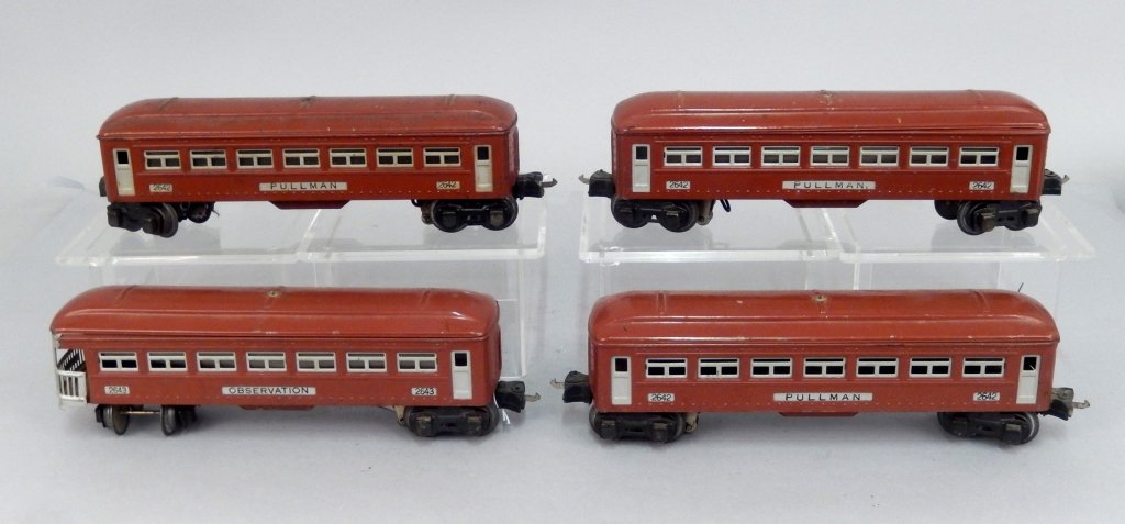 Lionel prewar O gauge passenger cars: Lionel prewar O gauge passenger cars, includes three No. 2642 Pullman cars and one No. 2643 Observation car