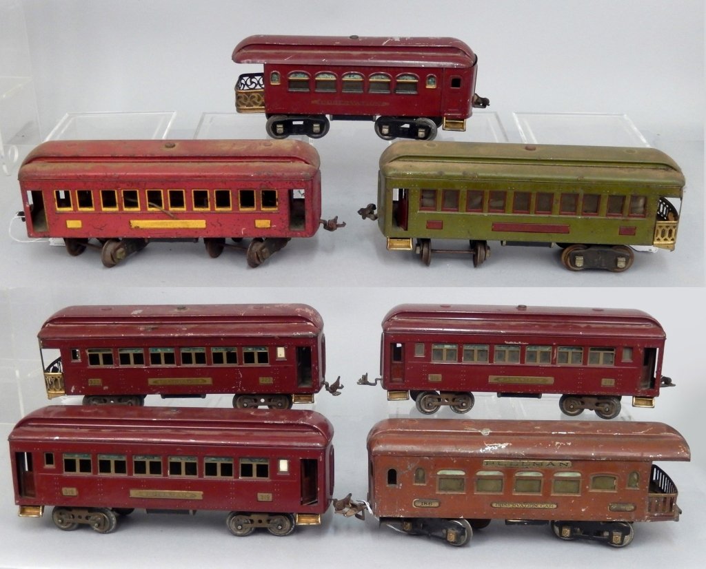 Lot of seven standard gauge Pullman and Observation: Lot of seven standard gauge Pullman and Observation cars, selling for parts, as is, includes five Lionel cars, Nos. 338, two 319, 322, and 36, Ives No. 186, and one unmarked car