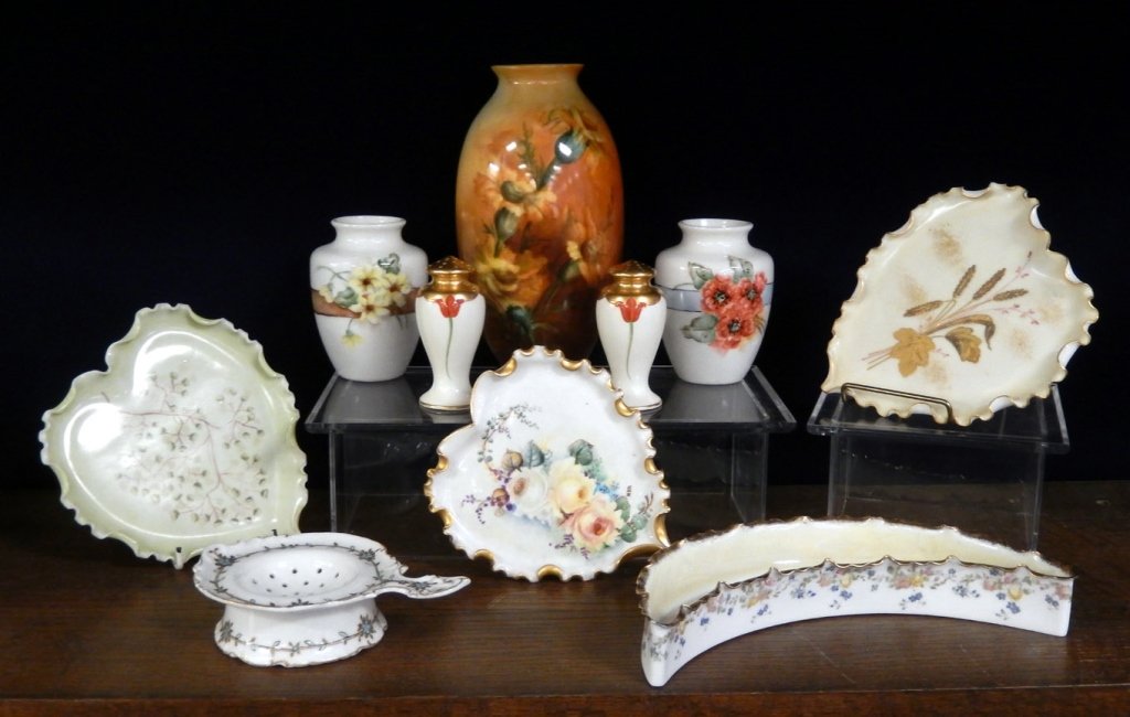 Grouping of hand painted American Belleek and porcelain: Grouping of hand painted American Belleek and porcelain, includes 8" floral decorated vase, two 4 1/4" vases, three heart shaped dresser trays, 6 1/4" and smaller, a crescent shaped bon-bon dish, 9", 