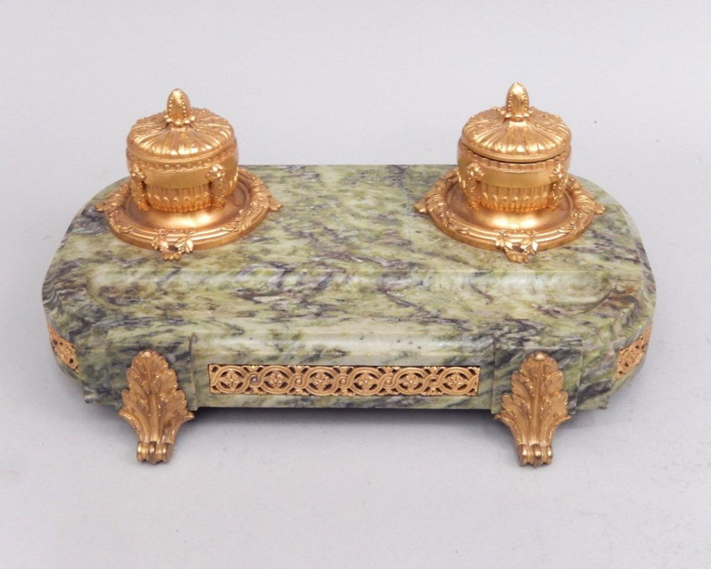 Empire style bronze dore and green marble inkstand (1 of 7)